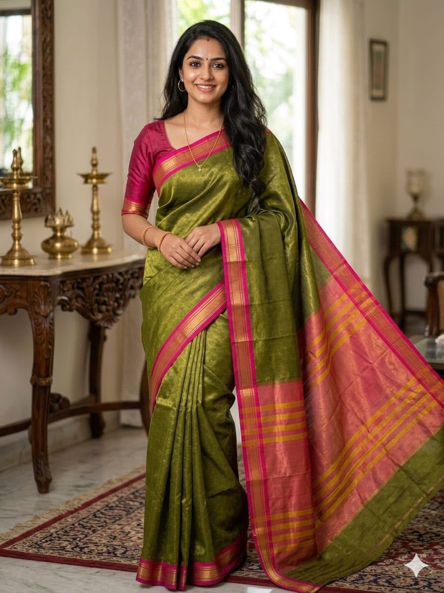 Cream Gold Silk Blend Saree with Blue Mustard Striped Pallu
